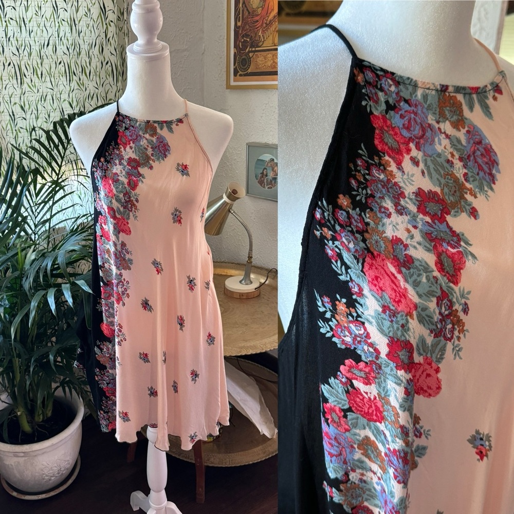 Intimately Free People XS floral pink and black sleeveless sheer tunic top boho